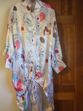 SHEIN White Satin High-Low Dress with Abstract Face Print in Red, Pink, Blue
